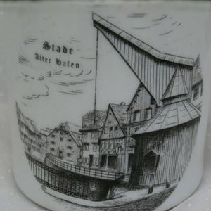 Vintage German Souvenir Mug Stade Alter Hafen Germany White with Scene in Black